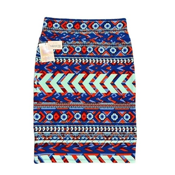 LuLaRoe Geometric Aztec Design Stretchy Pencil Skirt Blue, Orange, Red, Mint. M - Picture 1 of 7